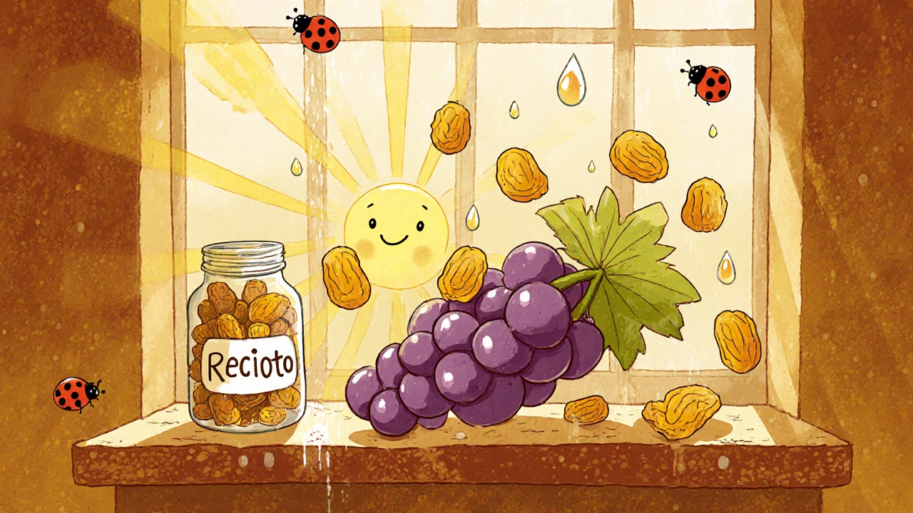 Гроздь винограда сушится на солнце, превращаясь в изюм, капли сахара падают в бутылку, вокруг — солнечные лучи и божьи коровки.