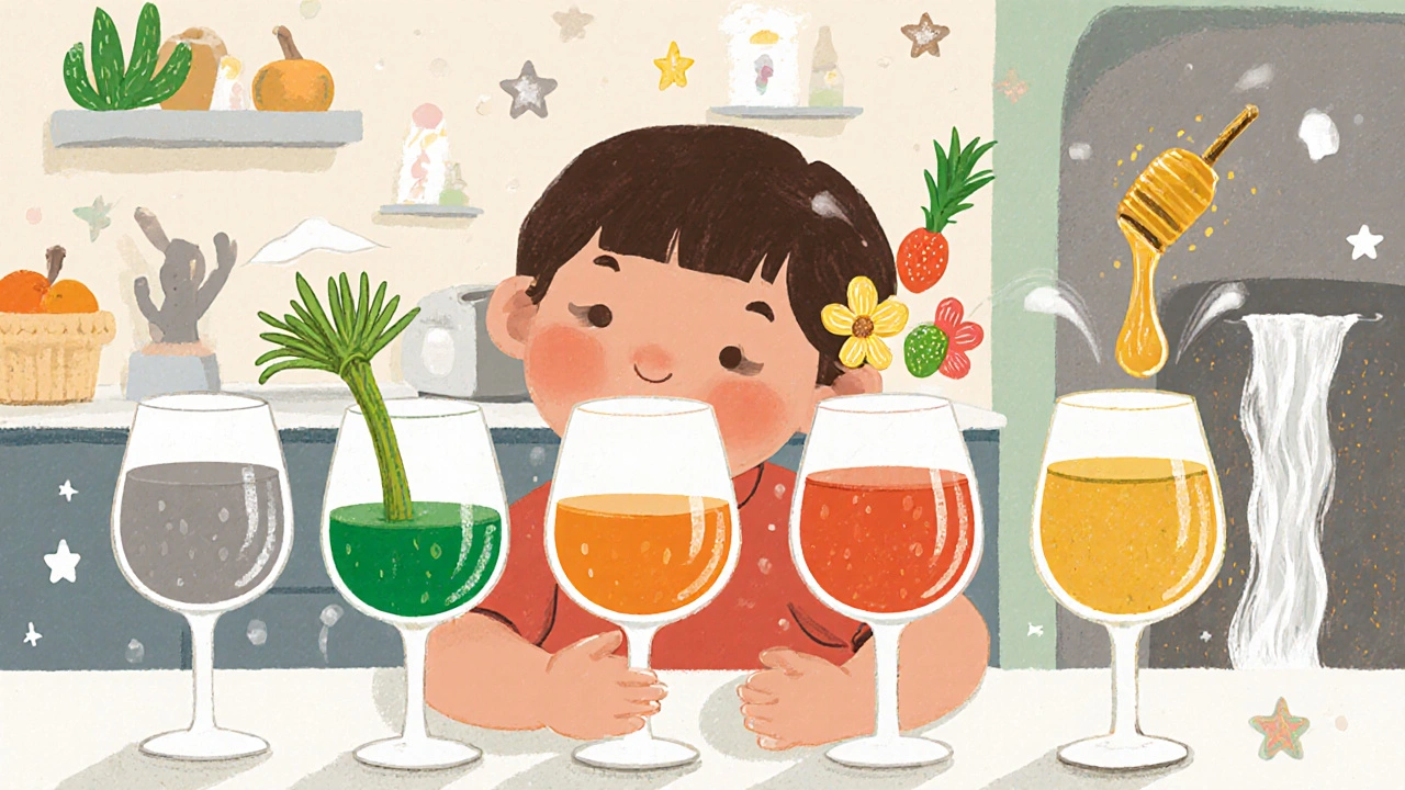 Ребёнок пробует четыре вина, каждое вызывает волшебный эффект: пустыню, цветы, фрукты и медовый водопад.