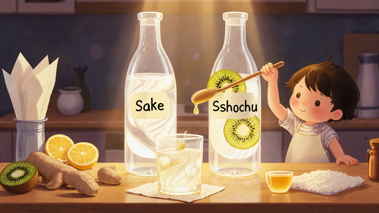 Два бутылочка с саке и сётю излучают свет, ребёнок добавляет киви и мёд в коктейль на кухонной стойке.