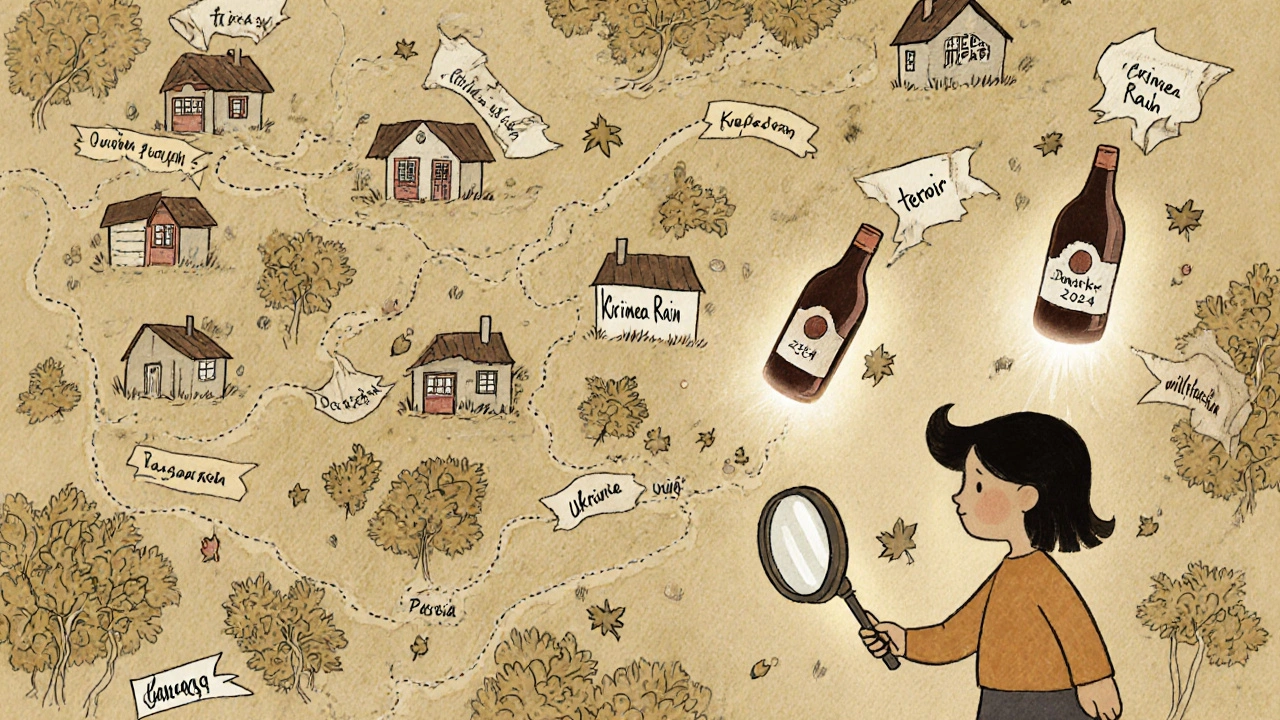 Карта России и соседних стран с маленькими гаражами-винодельнями, соединёнными лозами и летающими бутылками с названиями регионов.