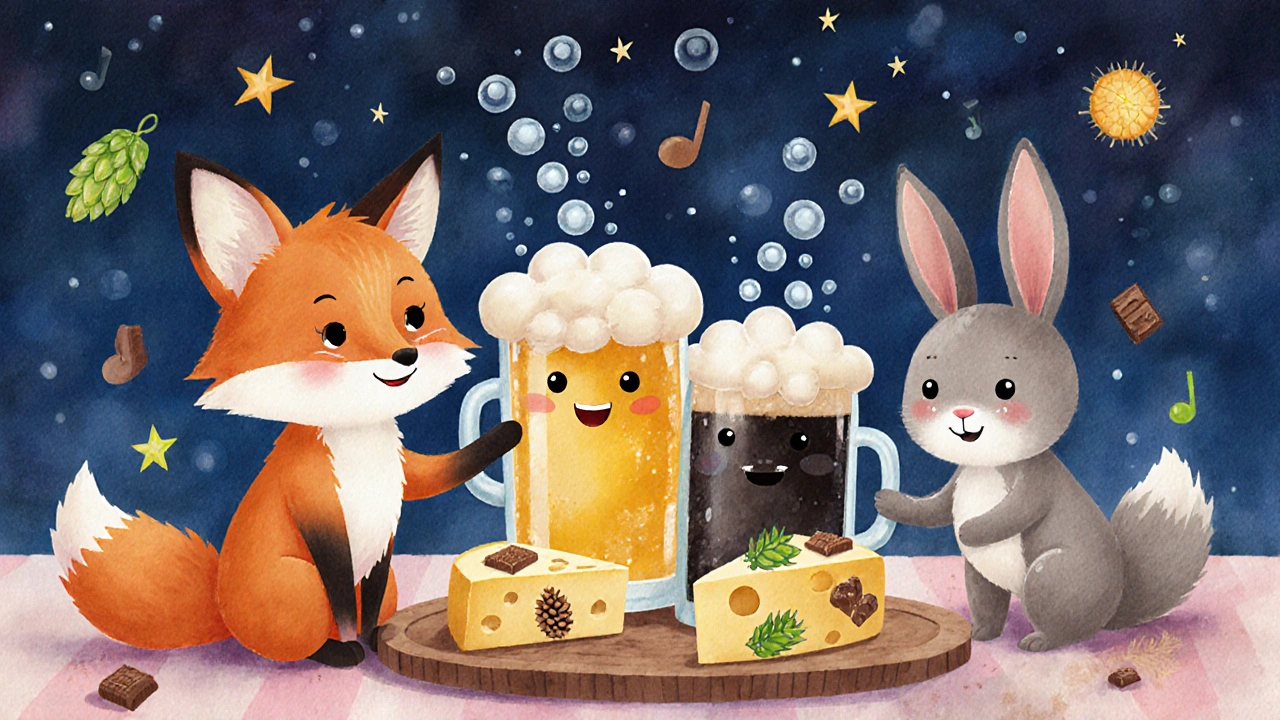 Лиса и кролик пробуют три вида пива с сыром, каждое пиво — персонаж с уникальным характером и ароматами.