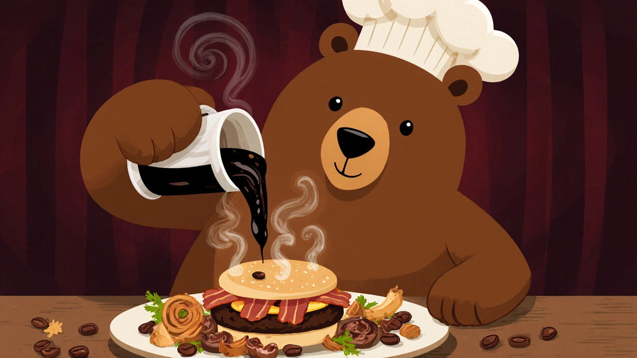 Медведь-повар подаёт тёмное пиво с бургером, дым из пива превращается в кофейные и какао-ноты.