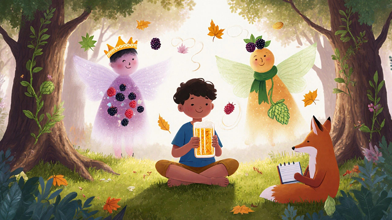 Ребёнок пьёт пиво с ягодами в лесу Орегона, окружённый волшебными духами природы.