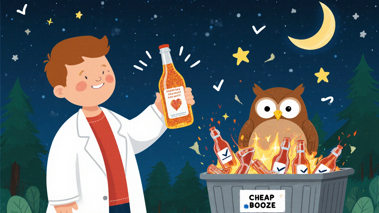 Ребёнок передаёт безопасный алкоголь сове-доктору, а опасные бутылки сгорают в мусорке.