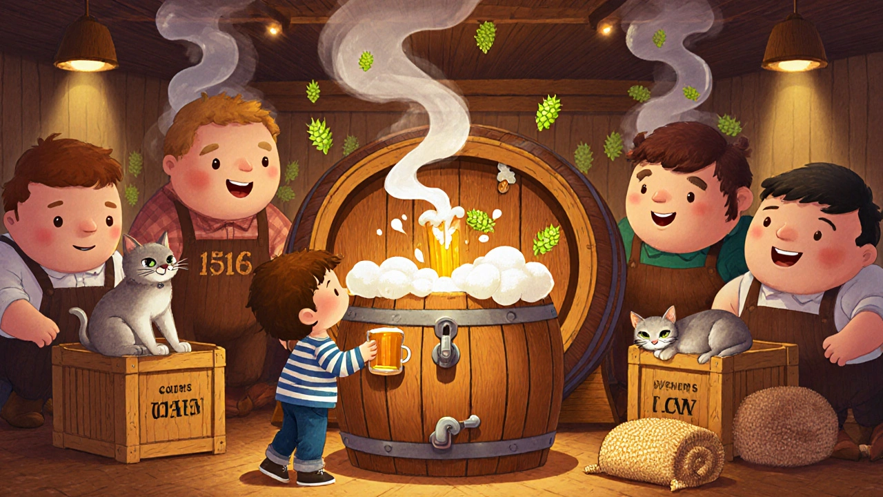 Ребёнок пробует свежее пиво из дубовой бочки в баварской пивоварне.