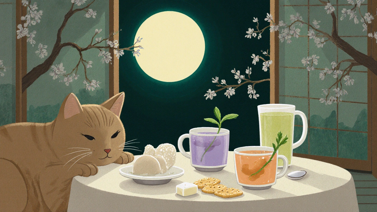 Три коктейля на столе с рисовыми сушками и сыром, кошка спит рядом, луна светит сквозь бумажные ставни.