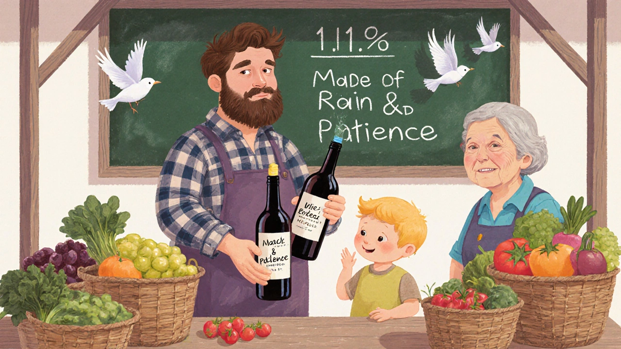 Винодел на рынке показывает ручные бутылки виноградного вина ребёнку и пожилой женщине, вокруг — овощи и тёплая атмосфера.