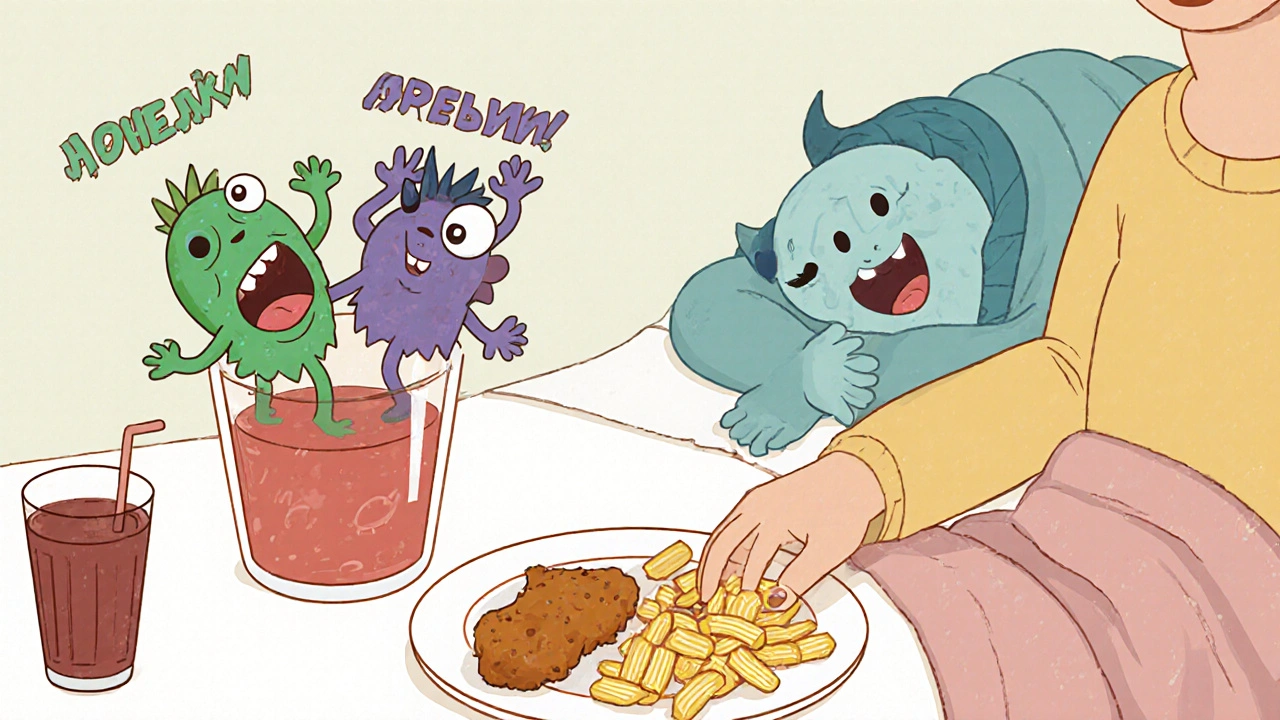 Человек за столом, из напитка вылезают голодные монстры, тянут за руку к чипсам, а гормон сытости спит.