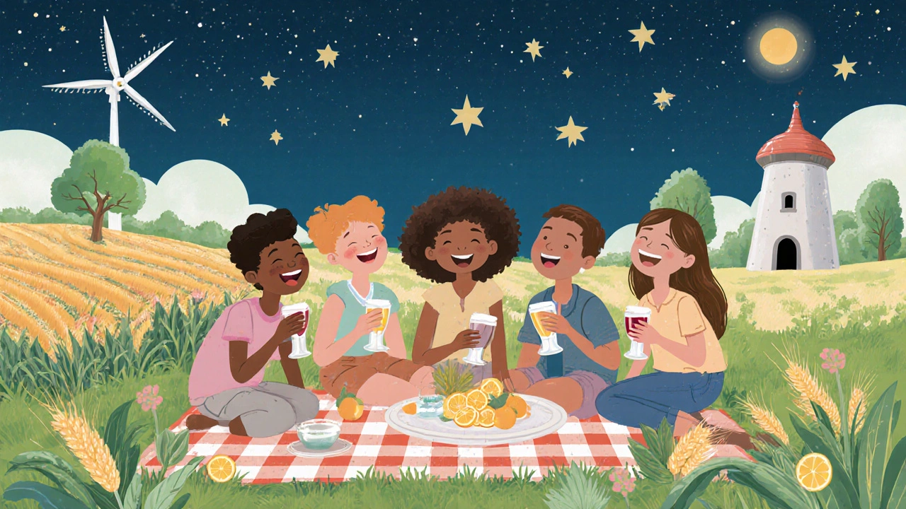 Друзья пьют органические напитки на пикнике, вокруг растут поля, деревья и ветряные мельницы.
