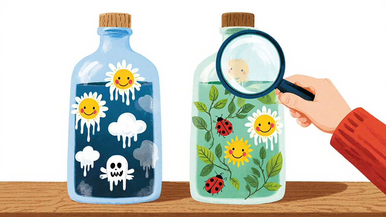 Две бутылки: одна с вредными химикатами, другая с дружелюбными природными символами.