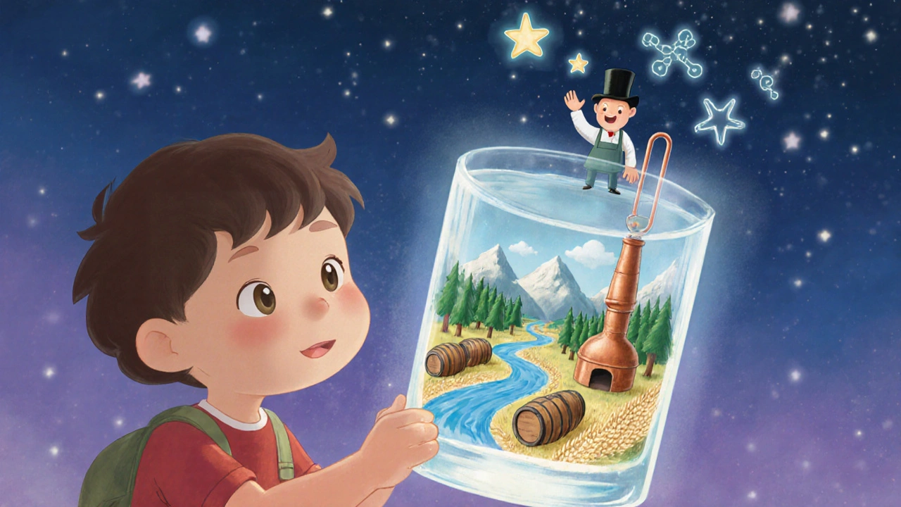 Ребёнок смотрит на прозрачный напиток, внутри которого — лес бочек и звёзды из спирта.