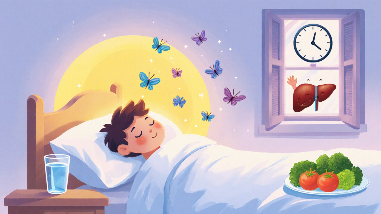 Спящий человек, из его живота улетают жировые бабочки, рядом вода и овощи, солнце светит — прошло 7 дней без алкоголя.