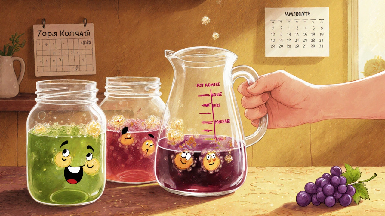 Три банки с бродящим виноградным соком на кухонном столе.