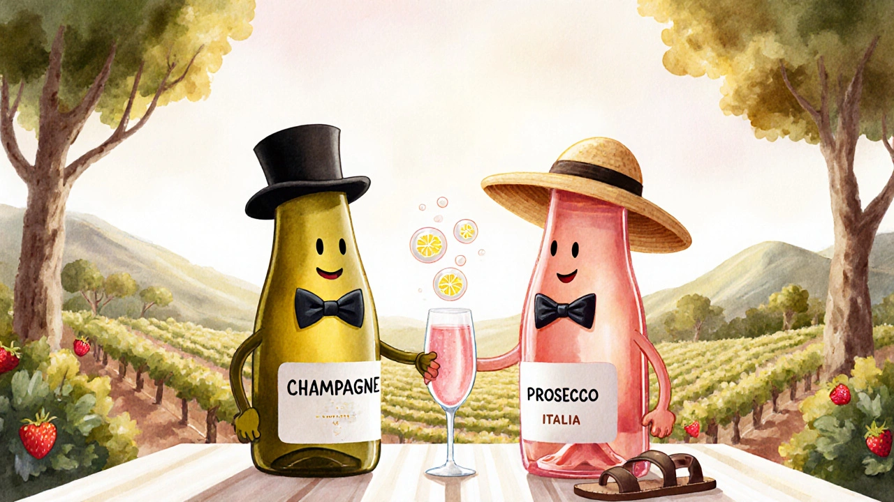 Две шутливые бутылки — шампанское и просекко — пожимают руки над бокалом розового игристого вина.