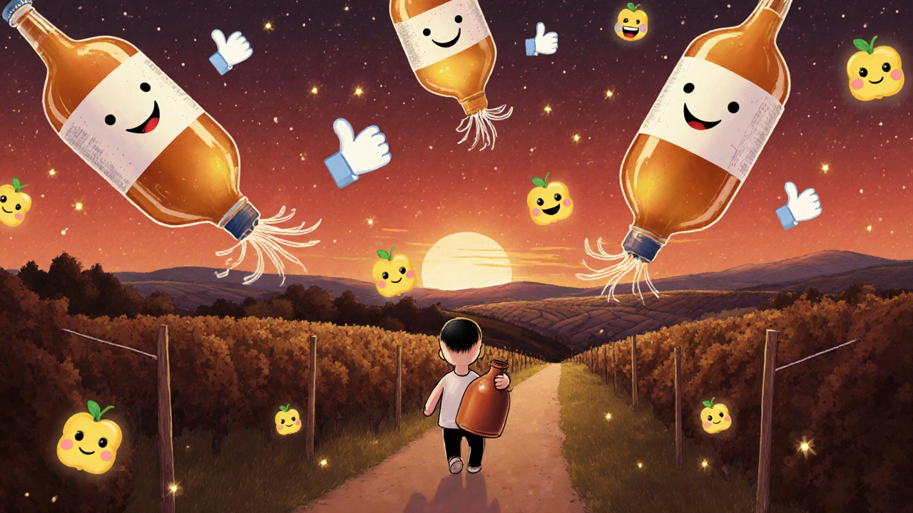 Гигантские модные бутылки парят в небе, а человек идёт с кувшином самогона под закатом среди виноградников.