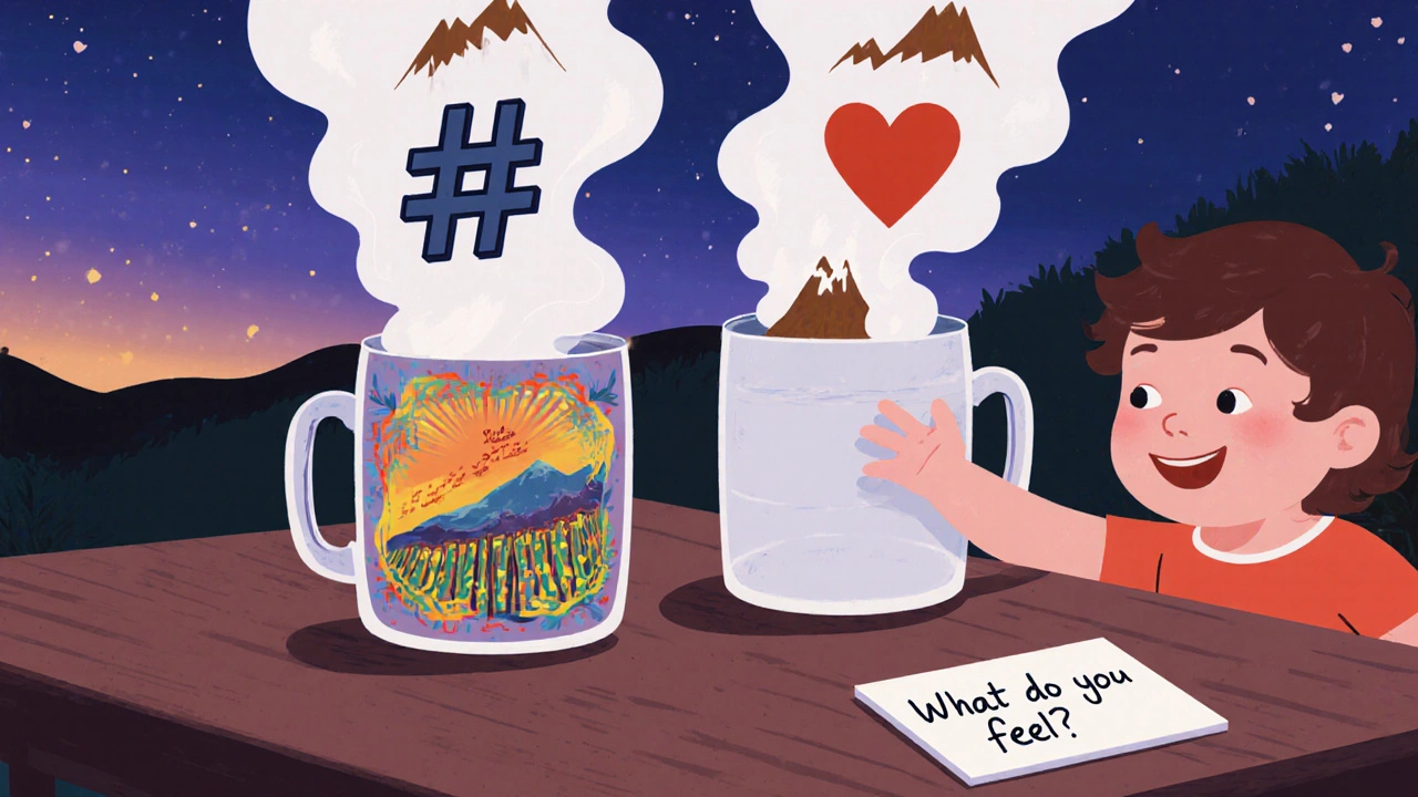 На столе две бутылки вина: одна яркая, другая простая, рядом — пары, превращающиеся в сердце и хештег.