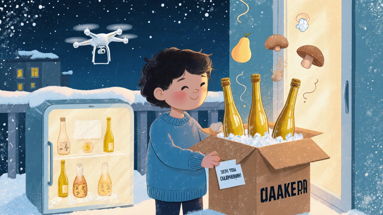 Ребёнок открывает коробку с доставкой саке на балконе, рядом холодильник и ледяные пакеты.