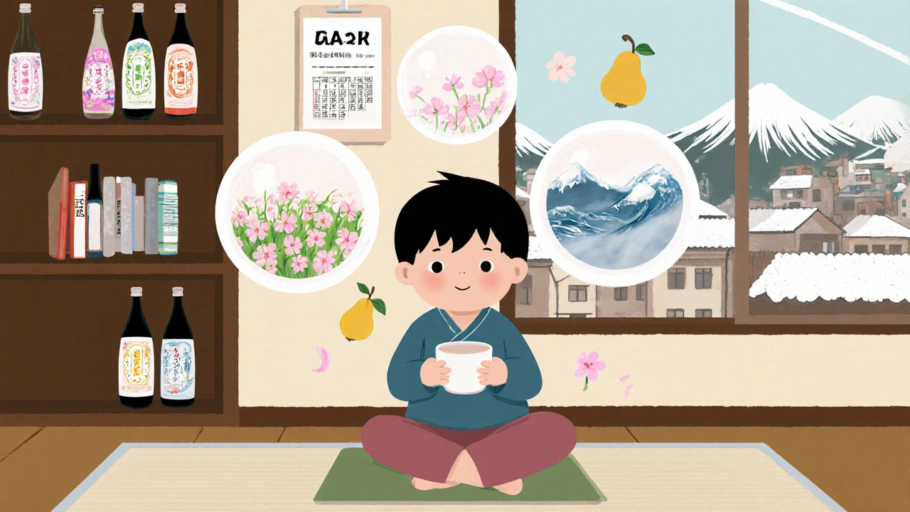 Ребёнок пьёт саке, а вокруг него парят цветочные и рисовые ароматы в виде волшебных шаров.