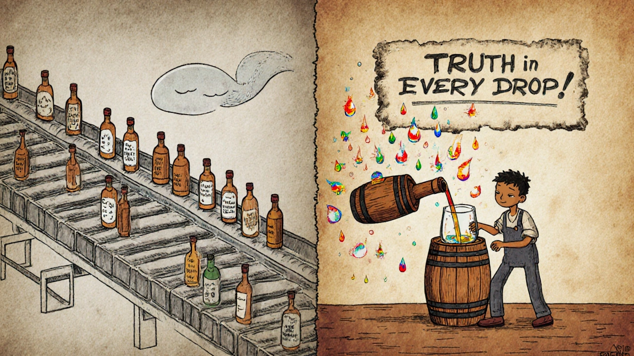 Слева — фабрика с одинаковыми бутылками, справа — мастер наливает из бочки, вокруг вспыхивают яркие ароматы.