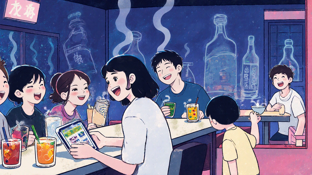 Современная изакае с людьми, пьющими как алкоголь, так и безалкогольные напитки, в тёплом свете вечера.