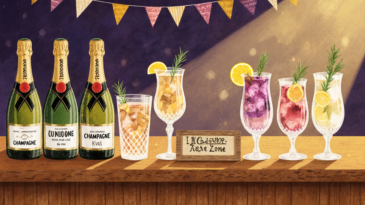 Стойка с напитками на выпускном: одна сторона — шампанское, другая — изысканные безалкогольные варианты.