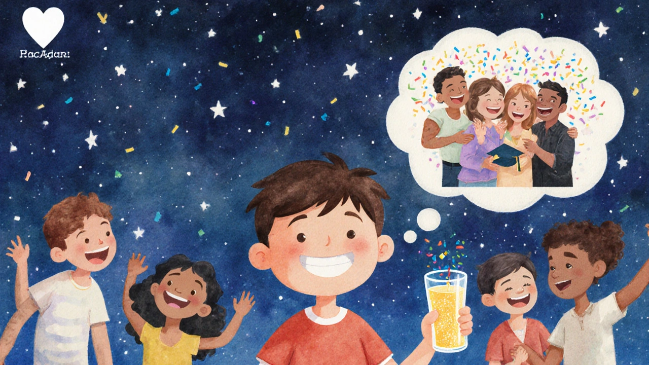 Ученик с безалкогольным напитком улыбается, в мыслях — диплом и счастливые воспоминания.