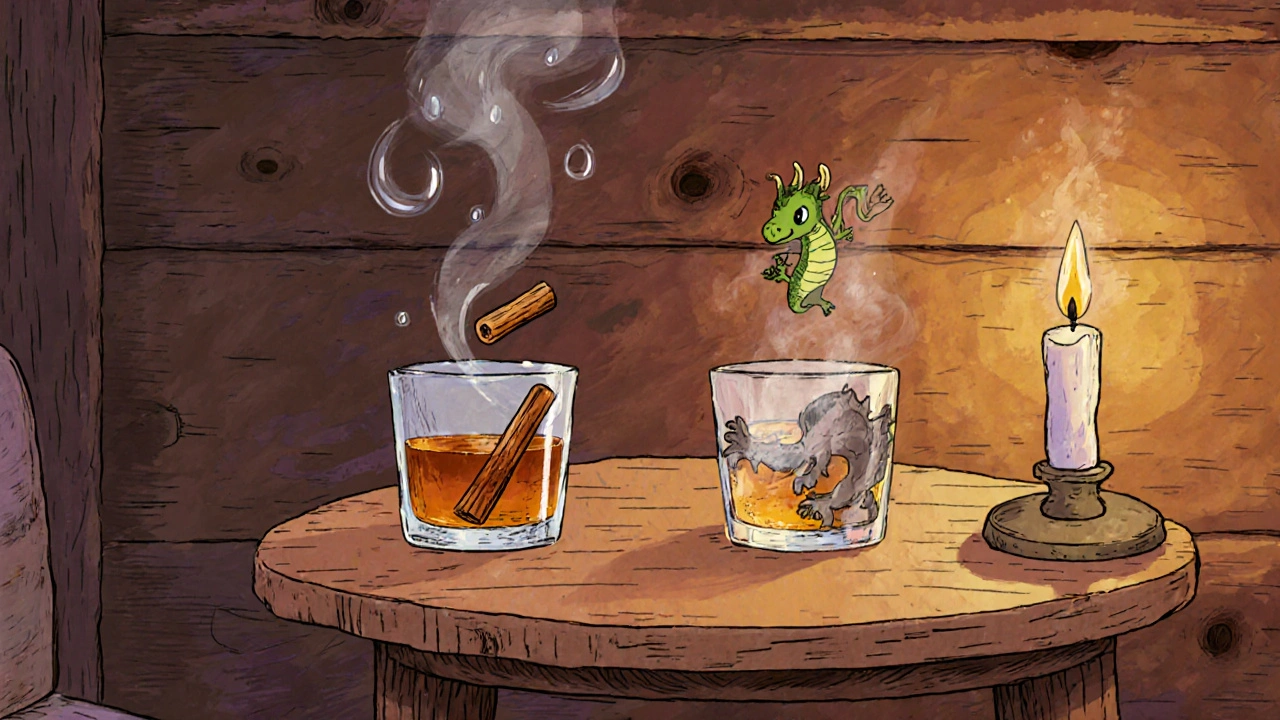 В стакан с виски падает капля воды, из него поднимаются ожившие ароматы: корица, мёд, дым.