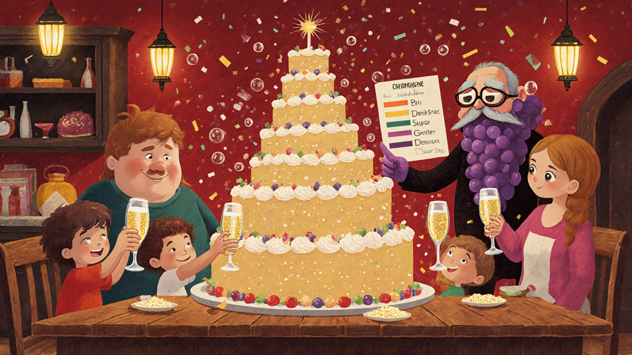 Праздник с тортом-шампанским, дети поднимают бокалы разного цвета, старый виноградный лоза объясняет сладость.