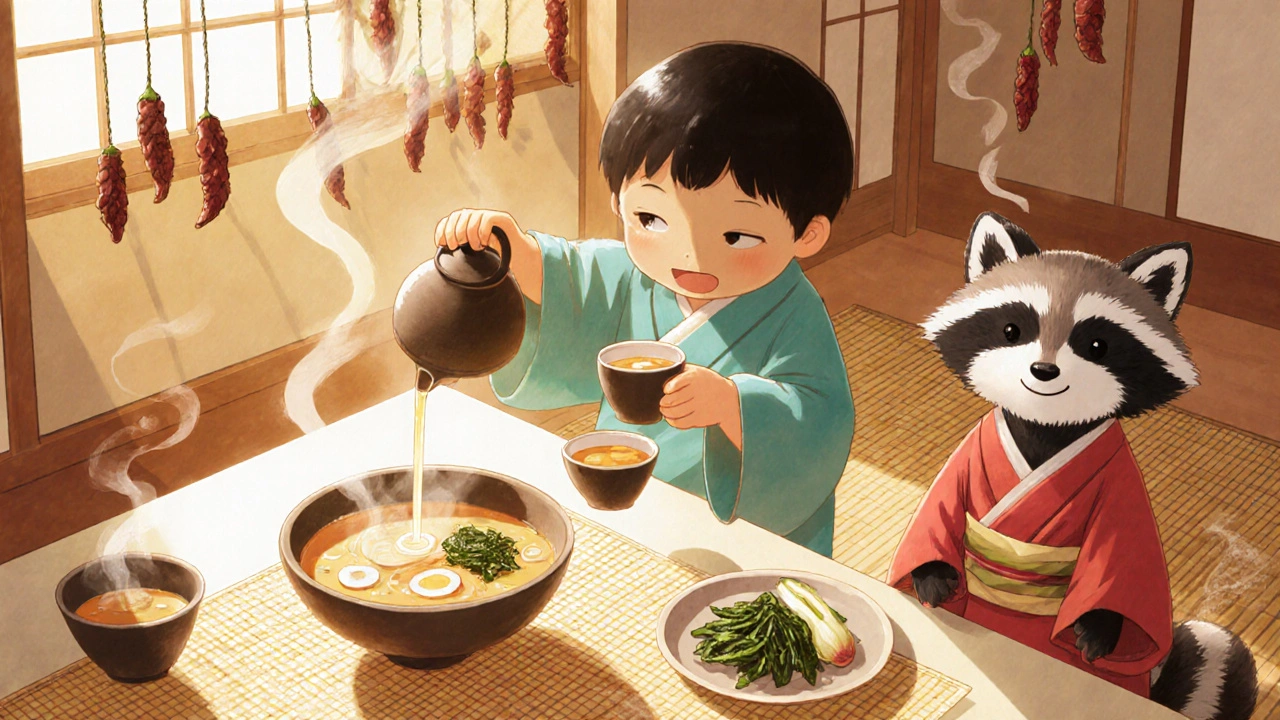 Ребёнок наливает тёплое саке в крошечные чашки, рядом мисо-суп и маринованный дайкон.