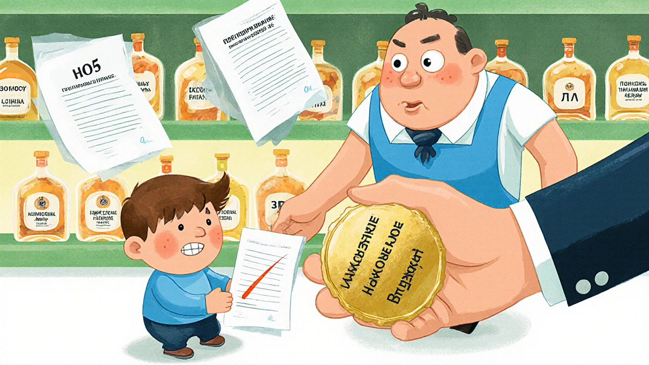 Ребёнок передаёт претензию продавцу, а из неба опускается рука Роспотребнадзора со штампом 'Удовлетворено'.