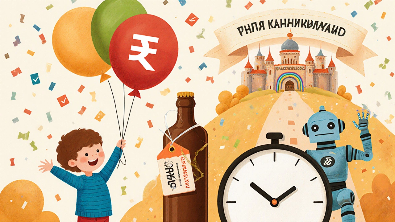 Ребёнок празднует возврат алкоголя без маркировки ЕГАИС, над бутылкой — разбитый чип и надпись 'Можно вернуть!'