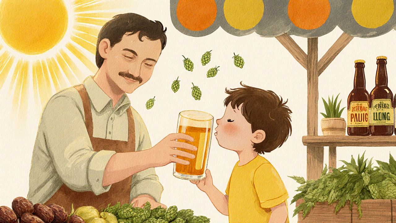 Ребёнок пробует пиво у пивовара на рынке, солнечный луч светит на кружку в форме тюльпана.