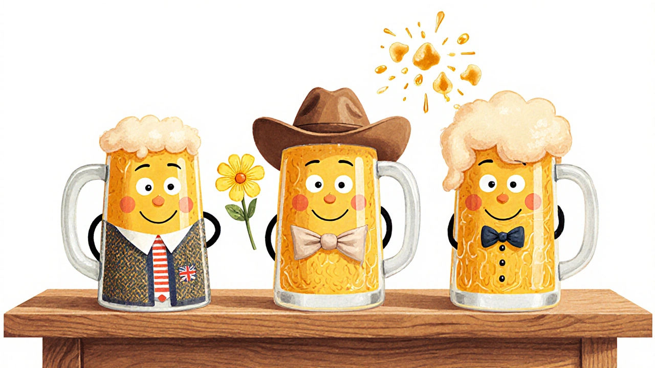 Три смешных кружки-персонажа: английская, американская и бельгийская — с разными аксессуарами.