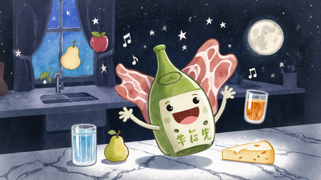 Волшебная бутылка саке танцует с ветчиной и сыром, вокруг плавают фрукты и ноты музыки.