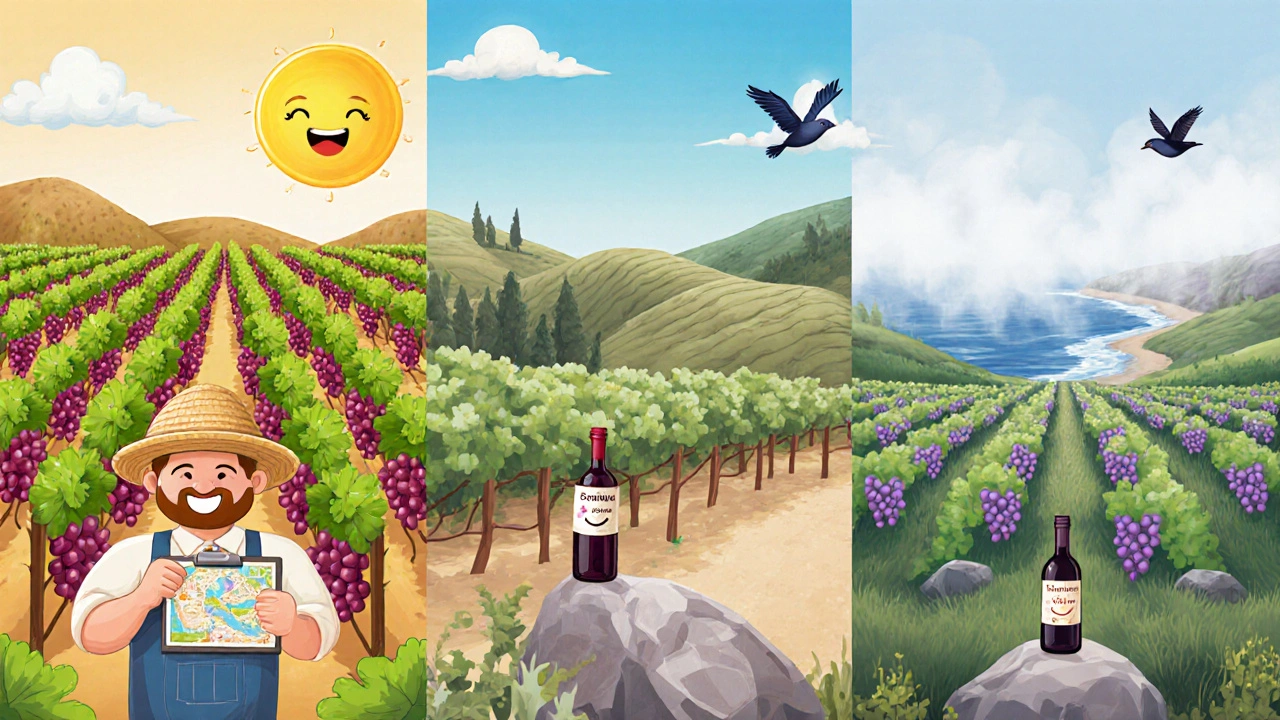 Три региона Калифорнии с виноградниками: Напа, Сонома и Центральная Коста, показанные в мультяшном стиле.