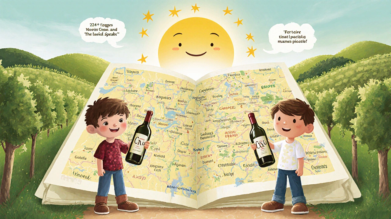 Двое детей стоят по разные стороны дороги, держат бутылки с вином, под ними — карта из 1247 виноградников.