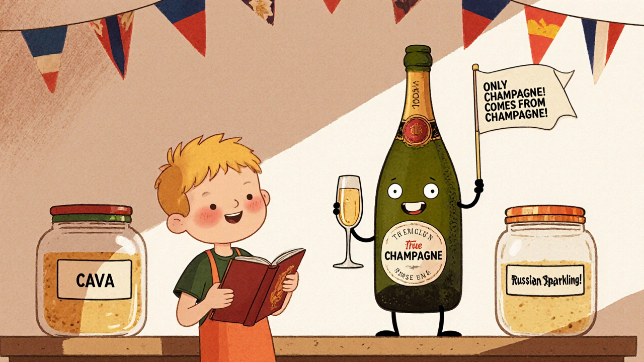 Ребёнок сравнивает шампанское с другими игристыми винами, а бутылки с улыбками объясняют разницу.