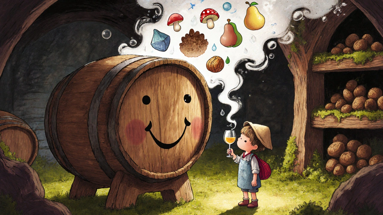 Улыбающаяся дубовая бочка выпускает ароматы грибов и орехов, ребёнок пробует вино из чайной ложки.