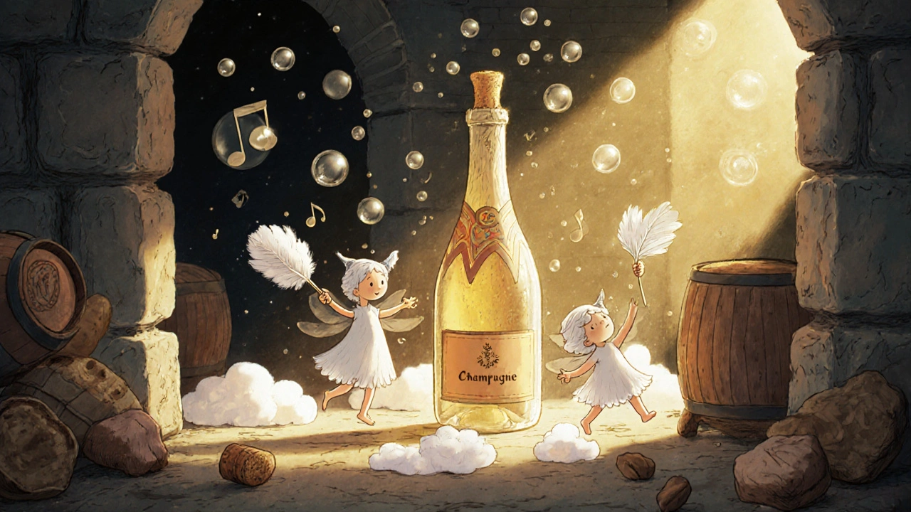 Волшебная бутылка шампанского в погребе с танцующими дрожжевыми существами и золотыми пузырьками.