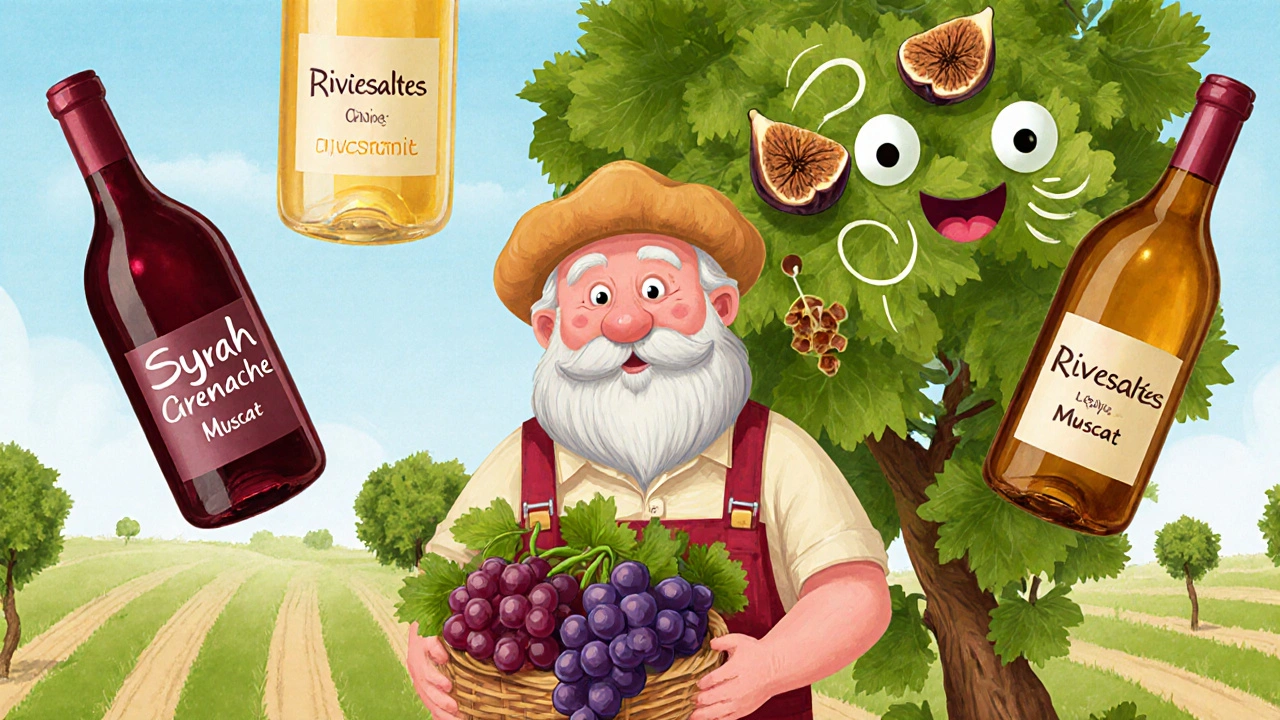 Дружелюбный винодел с тремя волшебными бутылками вина: красным, белым и сладким, с фруктовыми и пряными узорами.