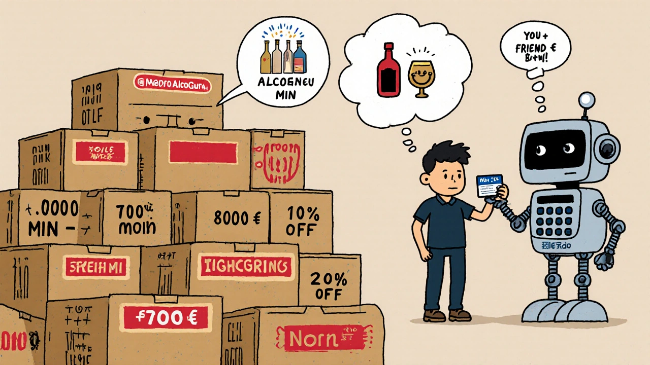 Мужчина с картой METRO смотрит на гору бутылок, робот объясняет, как объединиться с другом, чтобы получить скидку.