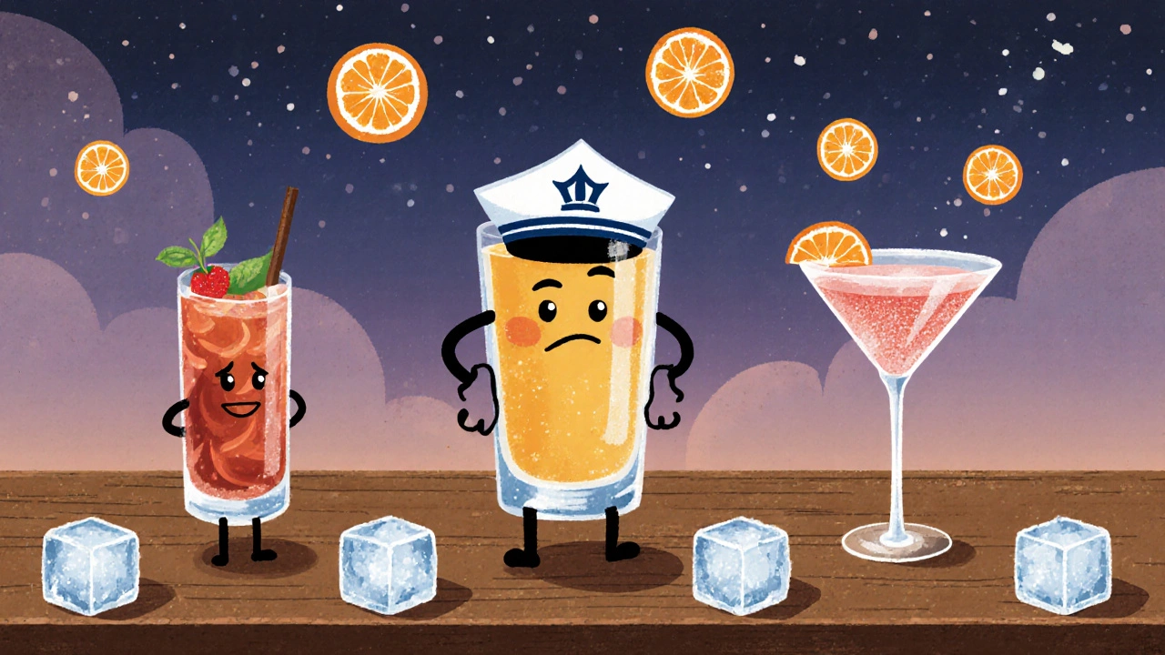 Персонифицированный коктейль Отвёртка стоит рядом с другими коктейлями на барной стойке.