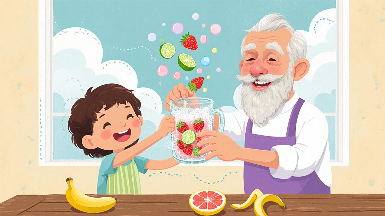 Ребёнок и бармен взбалтывают дайкири со свежей клубникой, капли сиропа летят в воздухе.