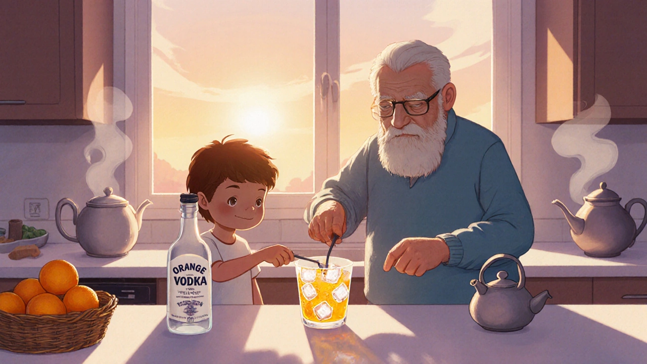 Ребёнок и пожилой человек готовят отвёртку с свежевыжатым соком на кухне.