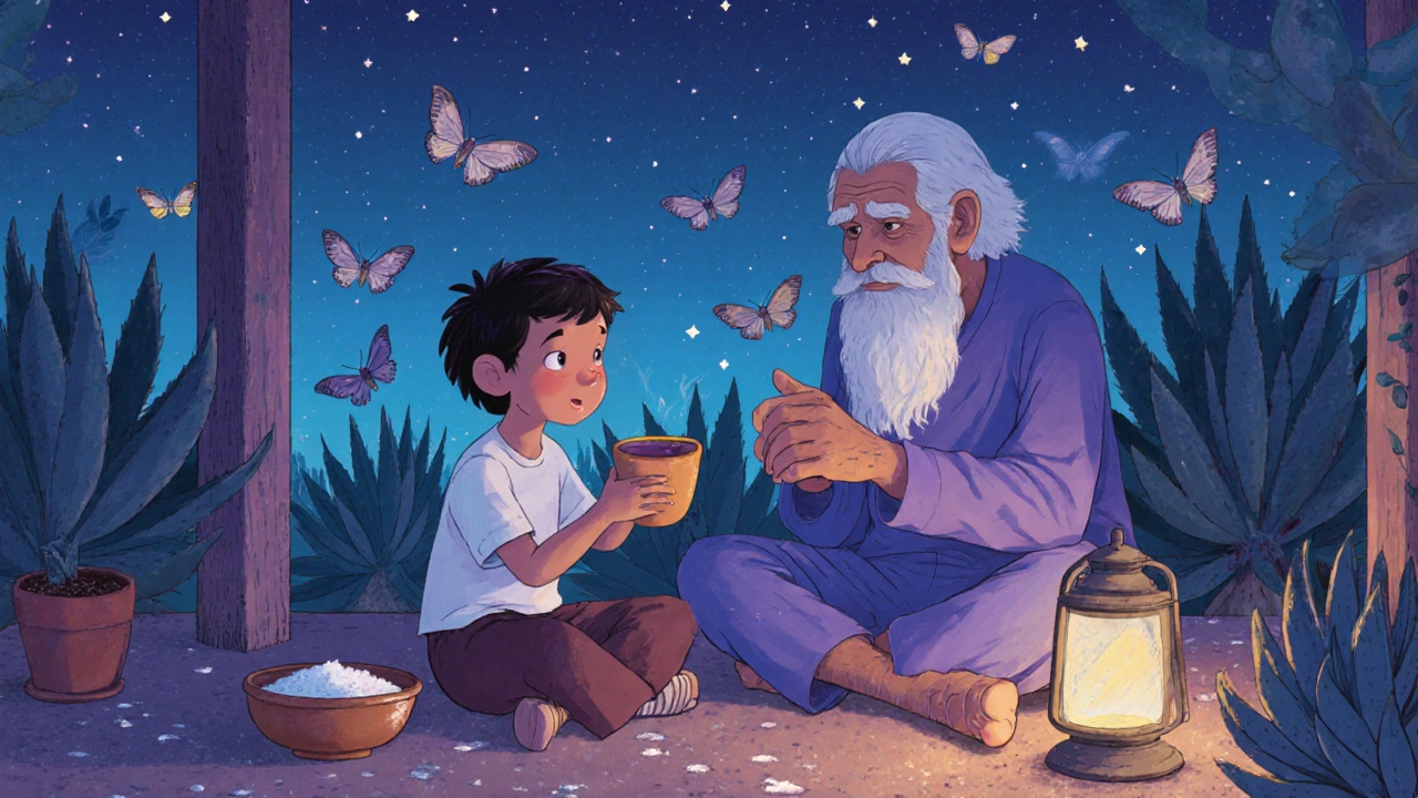 Ребёнок и старший делятся мескалем под звёздами с солью из гусениц.