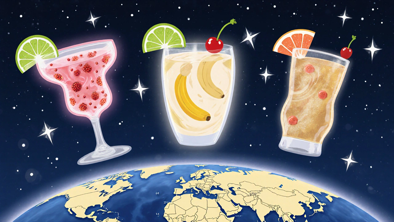 Три волшебных дайкири — клубничный, банановый и хемингуэйский — парят в ночном небе над картами мира.