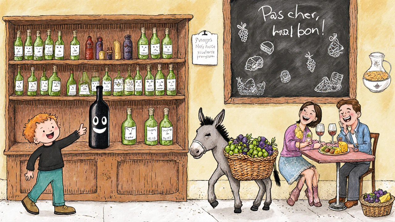 Уютный винный магазин в Монпелье, где ребёнок выбирает бутылку, а за окном — местные жители с вином и едой.