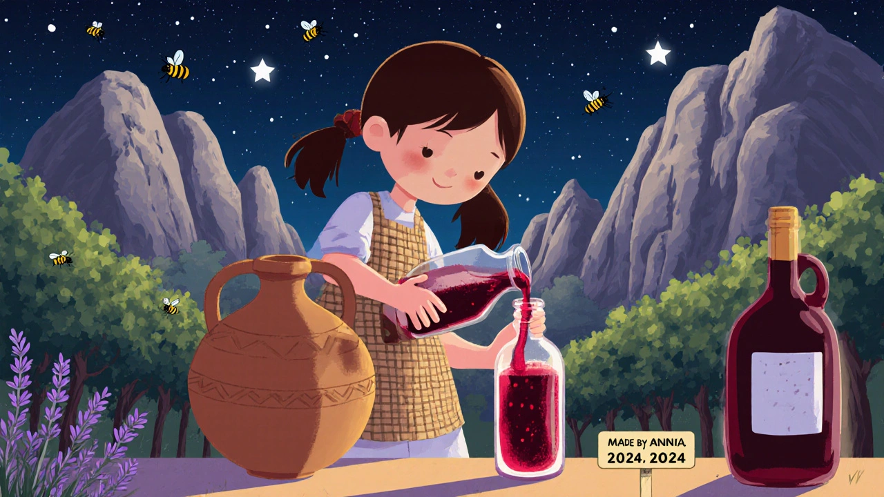 Винодел в Крыму разливает вино из глиняной амфоры под звёздным небом, рядом — виноград на известняковых склонах.