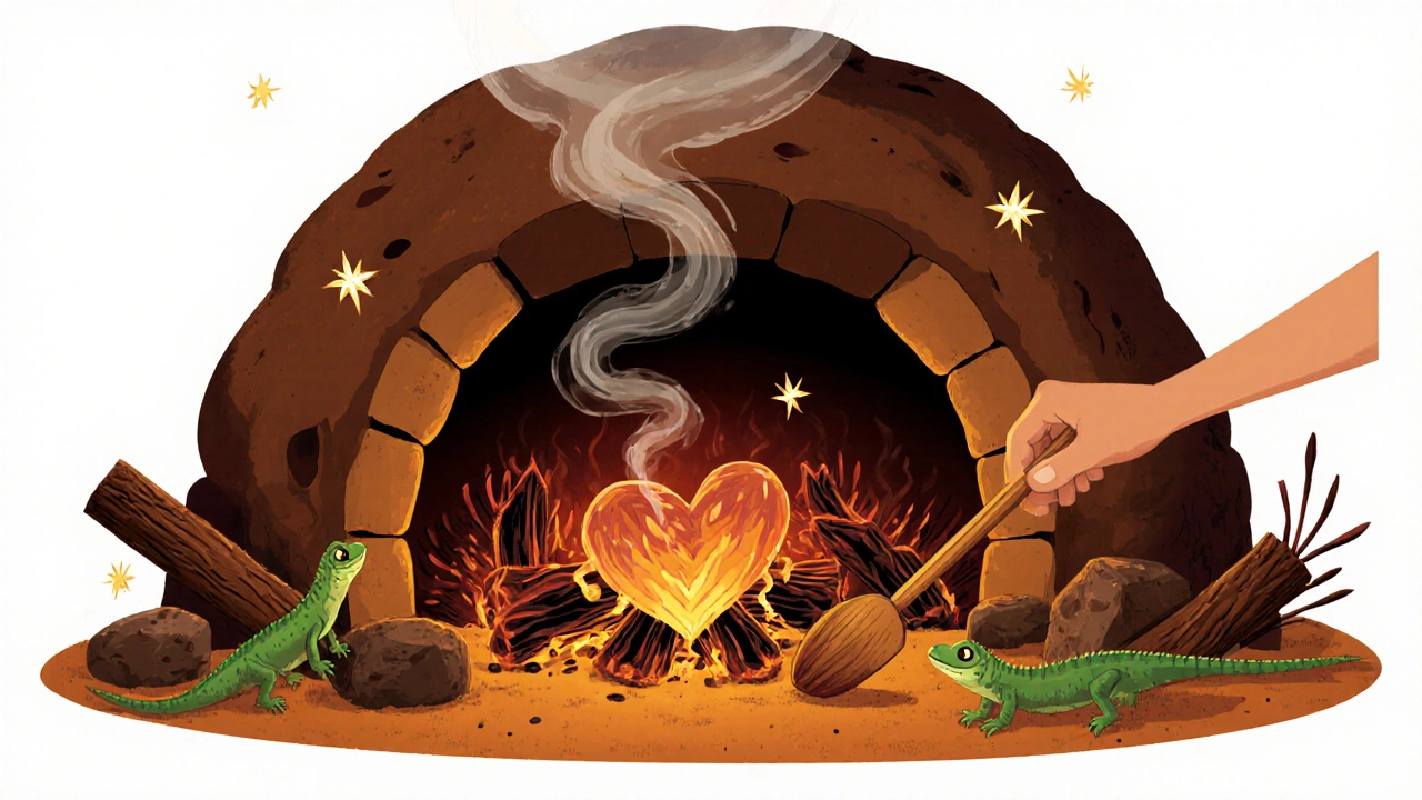 Земляная печь с жареными сердцевинами агавы и дымом.