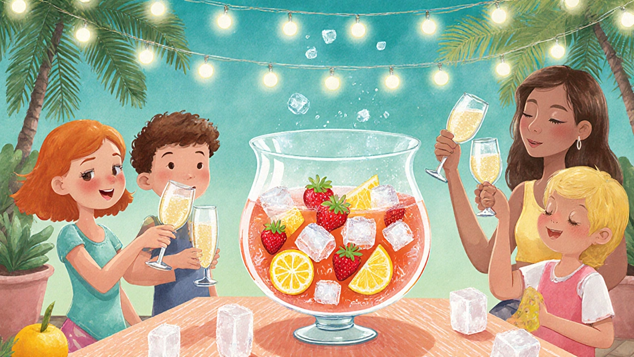 Летний пунш с фруктами и льдом в стеклянной вазе на террасе.